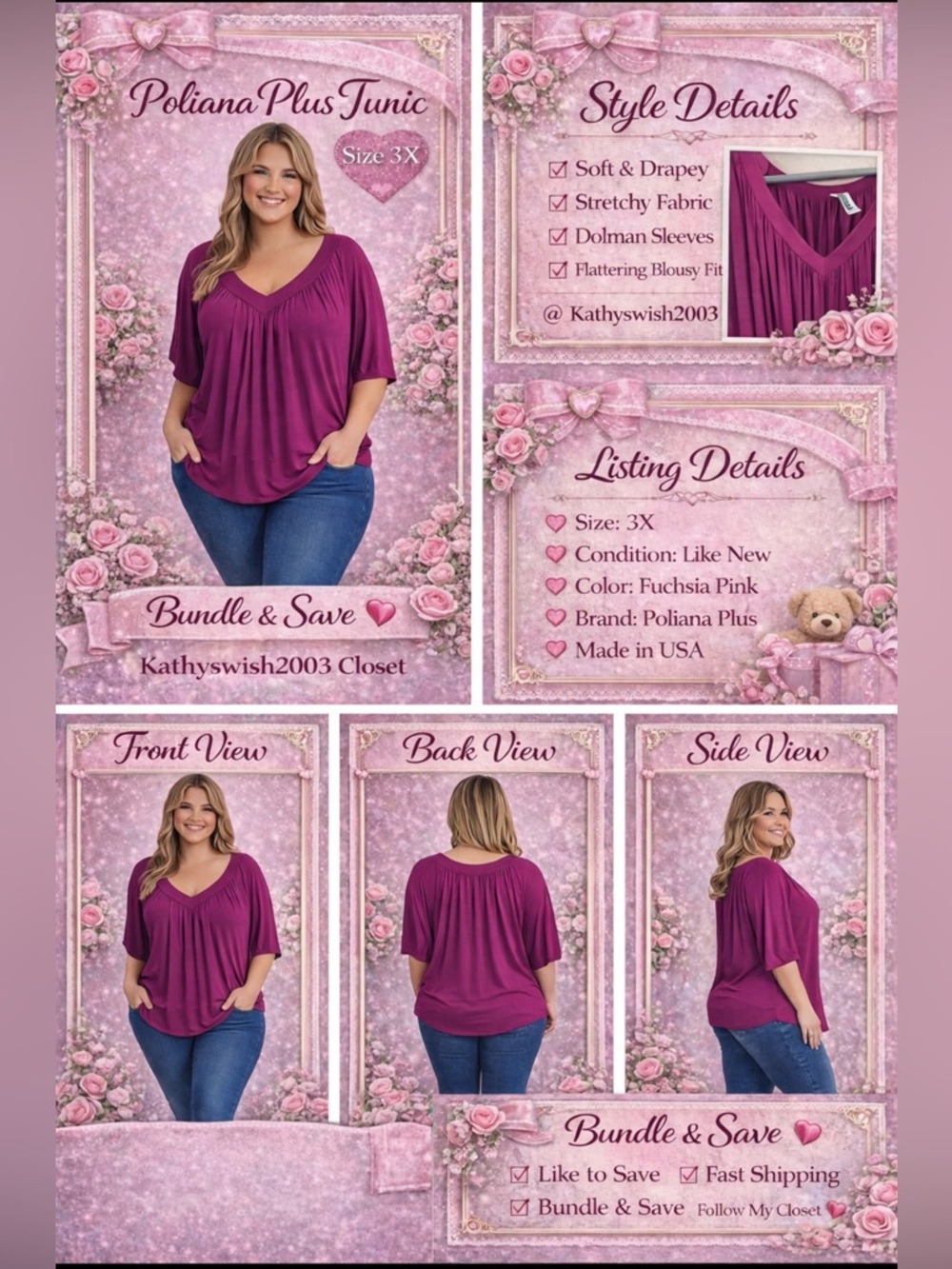 Pollyanna Plus Women's Fuchsia V-Neck Tunic Top